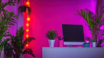Modern Workspace  Pink Neon  Plants  Computer  Desk