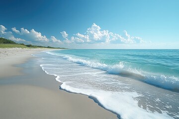 Serene Beach With Gentle Waves Rolling Onto the Shore During Calm Daylight Near a Scenic Coastline