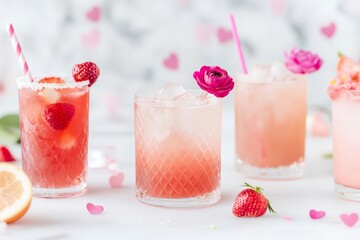 Refreshing Pink Summer Cocktails with Flowers and Strawberries in Stylish Glasses on White Background