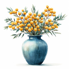 Watercolor  illustration of mimosa branch in vase against a white background