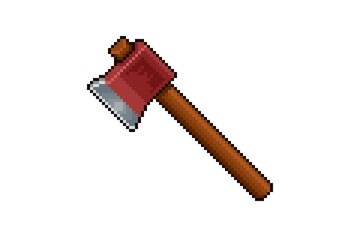 Pixel Art  illustration old red ax, chopper, hatchet with white background.  Game Asset of a classic axe with a wooden handle and a red metal blade, iron tools pixel art. 
