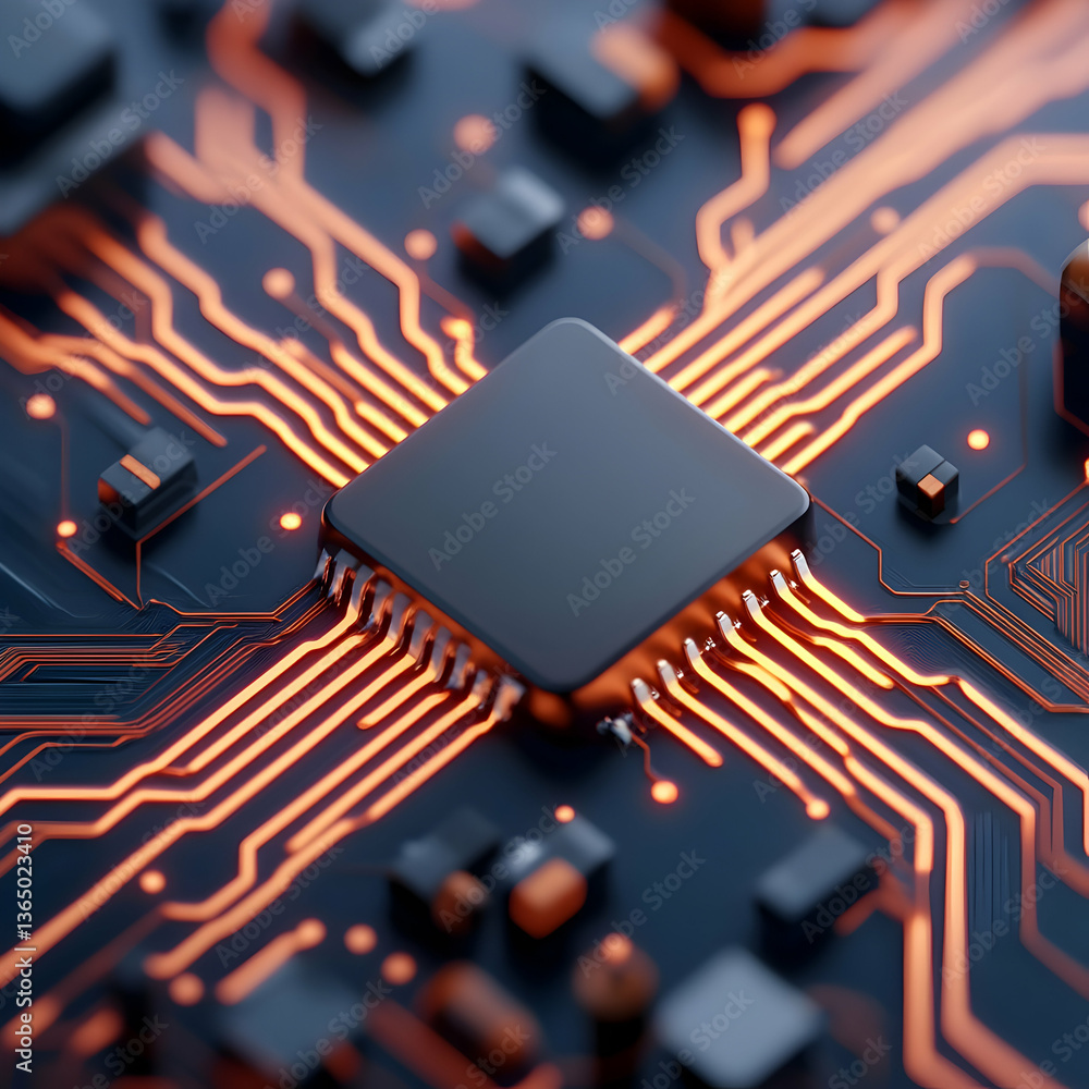 Aufkleber close up of a circuit board with glowing orange lines and a central microchip