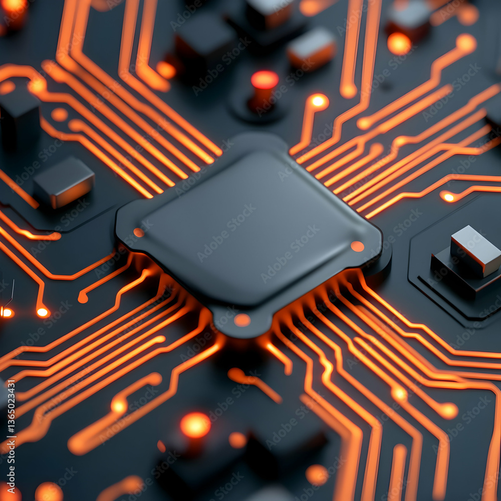 Aufkleber close up of a circuit board with glowing orange lines and a central microchip