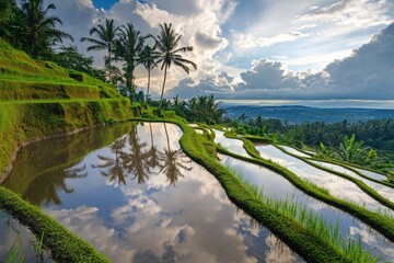 Obraz premium Green terraced rice fields reflecting sunlight
