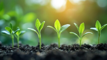 Young seedlings growing in soil, bright sunlight, nature background, hopeful growth, stock photography