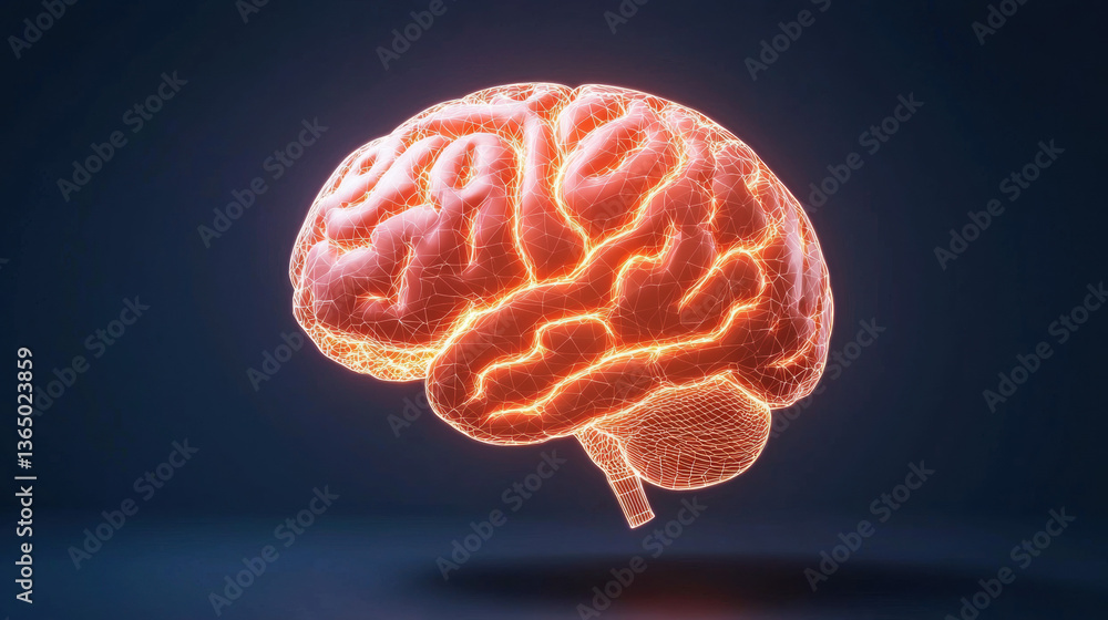 Poster glowing digital brain with neon mesh structure on dark background, symbolizing artificial intelligen
