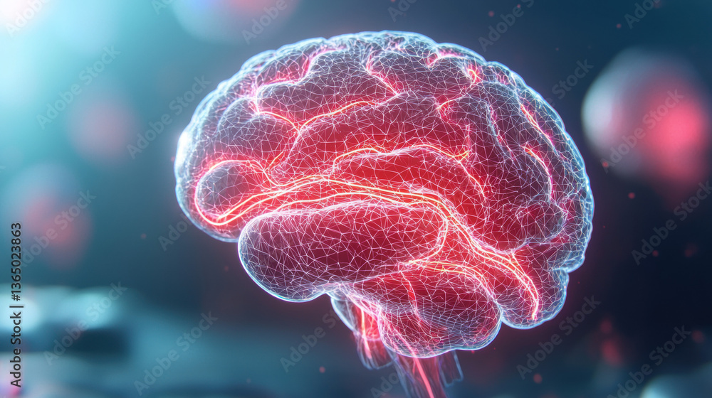 Aufkleber glowing digital brain with neon mesh structure, symbolizing artificial intelligence innovation