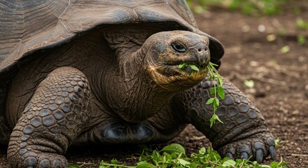 Galapagos Tortoise Eating Greens Close Up