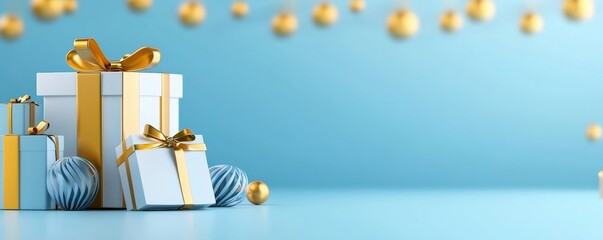 Elegant golden gift boxes with colorful bows and ornaments on a blue festive background representing the joy and anticipation of the holiday season