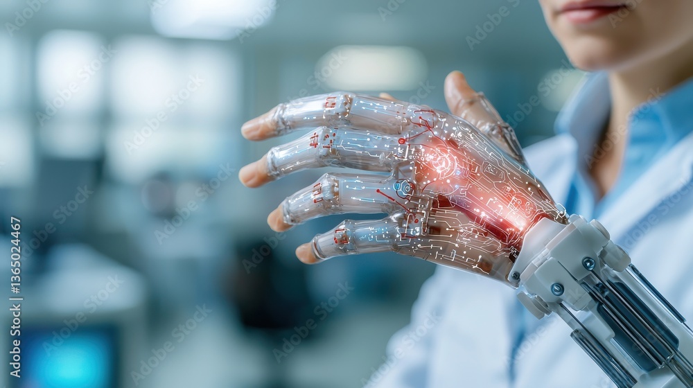 Poster futuristic robotic hand or prosthetic arm with digital interface and high tech design concept advanc