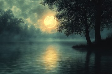 Explore the Serene Dark Canvas as Sunlight Breaks Through Misty Clouds Over a Tranquil River at Dawn