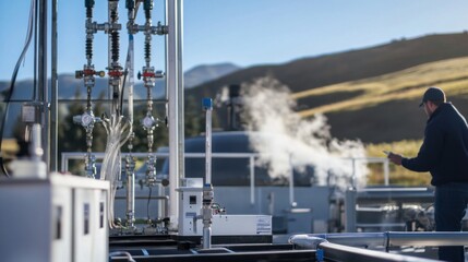 A renewable energy engineer testing geothermal systems, geothermal plant with pipes and sensors monitoring temperature and pressure in the background, High-tech style