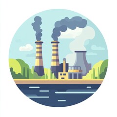 Obraz premium Industrial Power Plant by River with Smokestacks