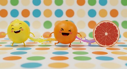 Playful animated citrus fruits with smiley faces on a polka-dot background