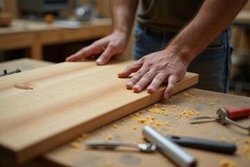 Close-up of a carpenter meticulously examining a freshly crafted wooden table for flaws, surrounded by scattered tools and sawdust on the workbench.