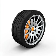 Obraz premium Car wheel with alloy rim and orange brake caliper isolated on white background, 3D illustration of automotive tire and braking system, car parts and maintenance concept.