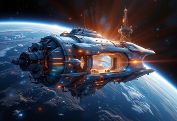 Space habitat engineer, double exposure overlay with floating life support systems and radiation shielding layers