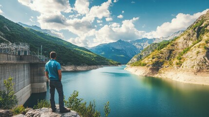 A renewable energy expert testing hydroelectric power systems, river with dam infrastructure and power generation equipment visible, High-tech style