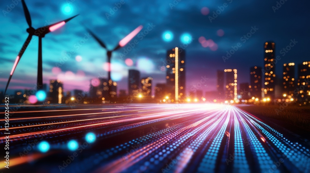 Poster futuristic cityscape with illuminated wind turbines against a backdrop of skyscrapers and a fast mov