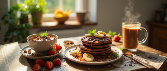Fototapeta premium A table is beautifully set with a stack of pancakes topped with banana slices and chocolate sauce. A cup of coffee and a bowl of granola add to the inviting breakfast scene