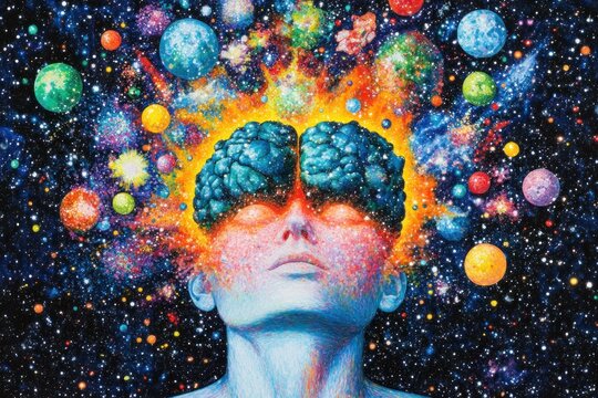 Colorful cosmic brain explosion illustration depicting the fusion of creativity and imagination with vibrant planets and stars in the background