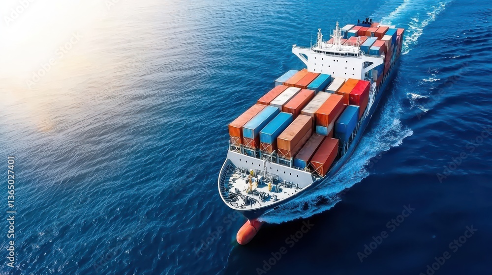 Poster large cargo ship filled with stacked shipping containers sailing across open ocean waters towards a 