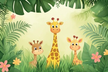 Cute Cartoon Giraffe Family in Jungle Illustration for Children's Designs