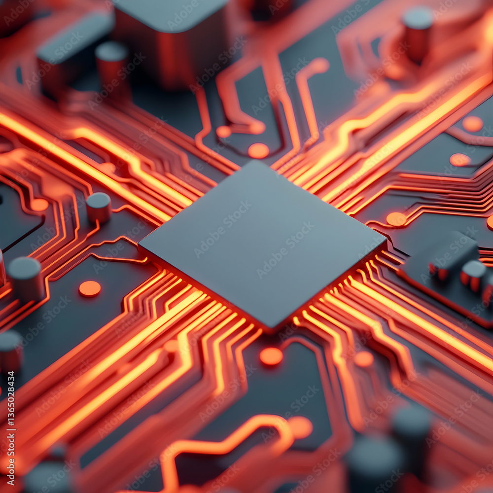 Poster close-up of futuristic ai chip with intricate circuitry and glowing orange lines