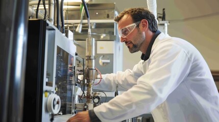A renewable energy researcher developing geothermal power systems, lab with geothermal models, heat exchangers