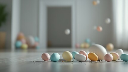 Colorful candy eggs scattered on the wooden floor of a bright room during a spring celebration