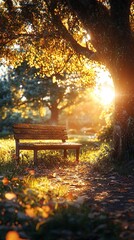 Obraz premium Wooden bench under a tree with sunlight in a park setting