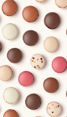 Fototapeta premium Gourmet French macarons in a variety of flavors, arranged in a seamless pattern, modern minimalist food styling, luxurious sweet treat