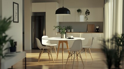 Modern kitchen interior design, dining area, sunlight, plants. Use Stock photo for home decor magazines, websites