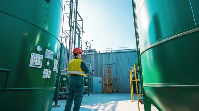 A renewable energy researcher experimenting with biogas production systems, research lab with biogas reactors and environmental data visible, High-tech style