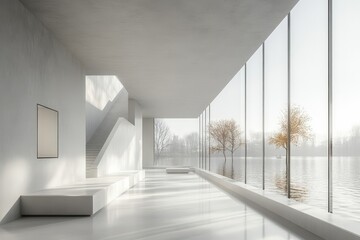 Obraz premium Minimalist Museum Interior With Expansive Windows and Serene Outdoor View During Early Morning Light
