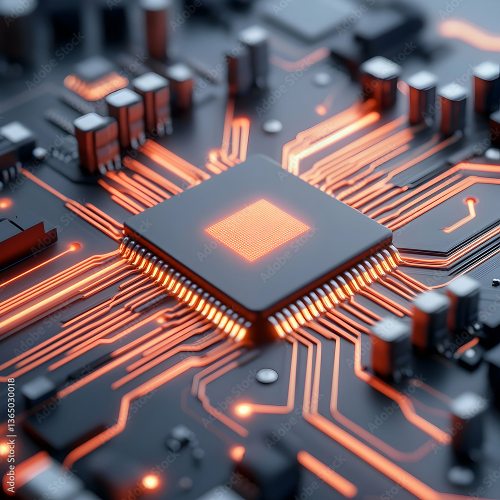 Poster close up of orange glowing circuit board with central processor chip