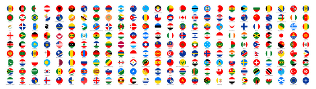 All national flags of the world with names - round shape with shadow flag isolated on white background