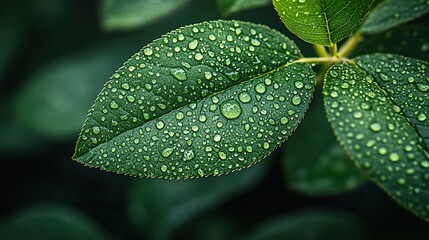 Fototapeta premium Sparkling water droplets on a vibrant green leaf highlight nature's beauty after gentle rain in a captivating close-up.