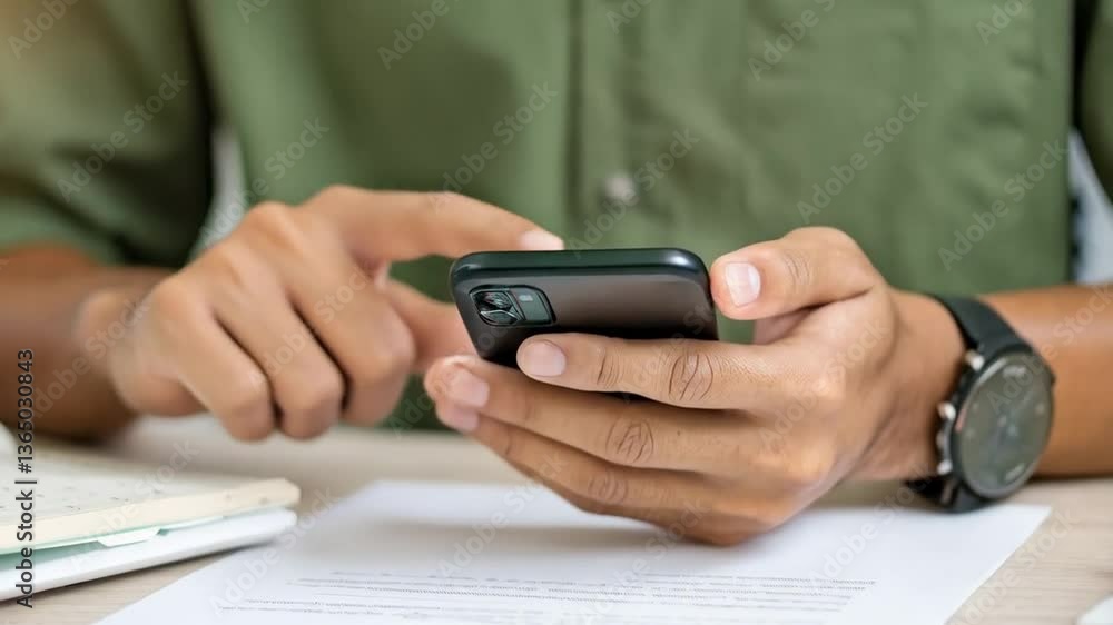 Aufkleber Person using smartphone with digital security shield overlay on a desk with documents and keyboard