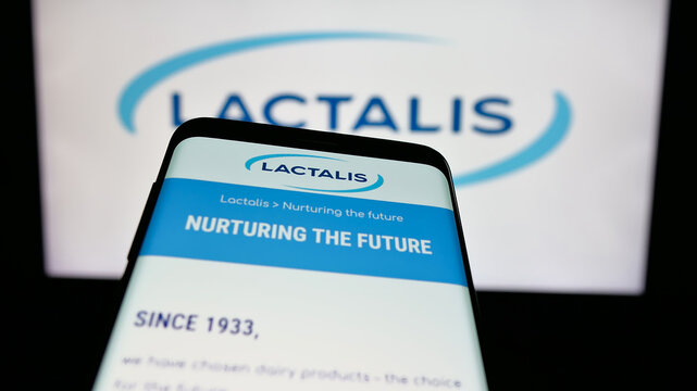 Stuttgart, Germany - 03-06-2025: Mobile phone with logo of French dairy company Groupe Lactalis S.A. on screen in front of business website. Focus on top-left of phone display.