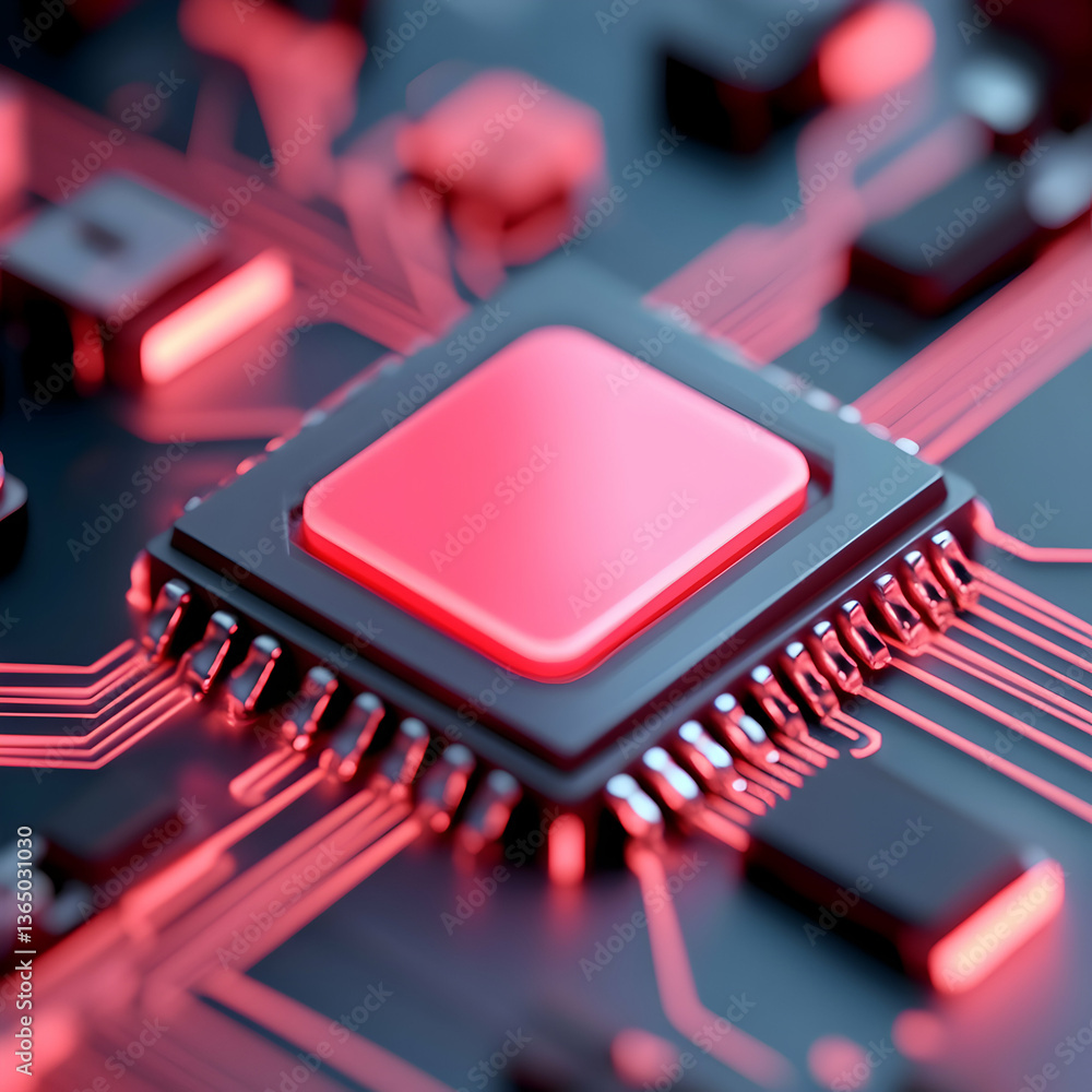 Poster close-up of red microchip on circuit board