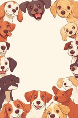 Smiling illustrated dogs looking around the image with many colors