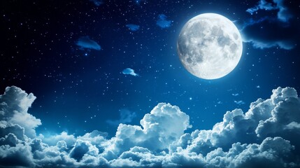 Naklejka premium Full Moon Over Fluffy White Clouds at Night, A Celestial Tapestry of Stars and Moonlight