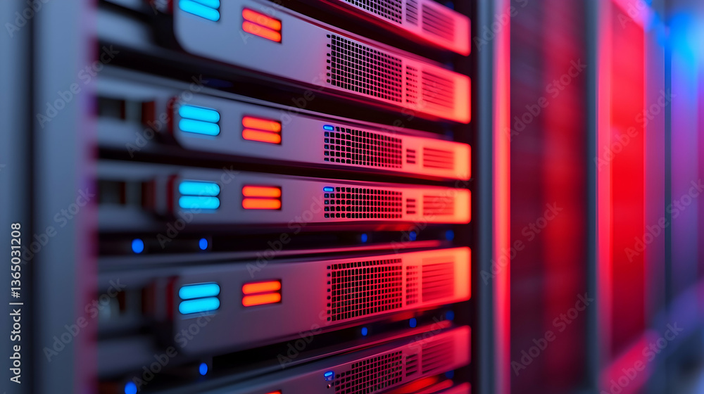 Poster close up of server racks with glowing red and blue lights in a data center