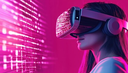 Futuristic concept of augmented reality, a woman wearing VR glasses interacting with holographic interfaces in a high-tech virtual space