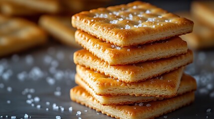 Square crackers form a tall stack on white with visible salt crystals, enhancing their savory appeal and suggesting crispness.