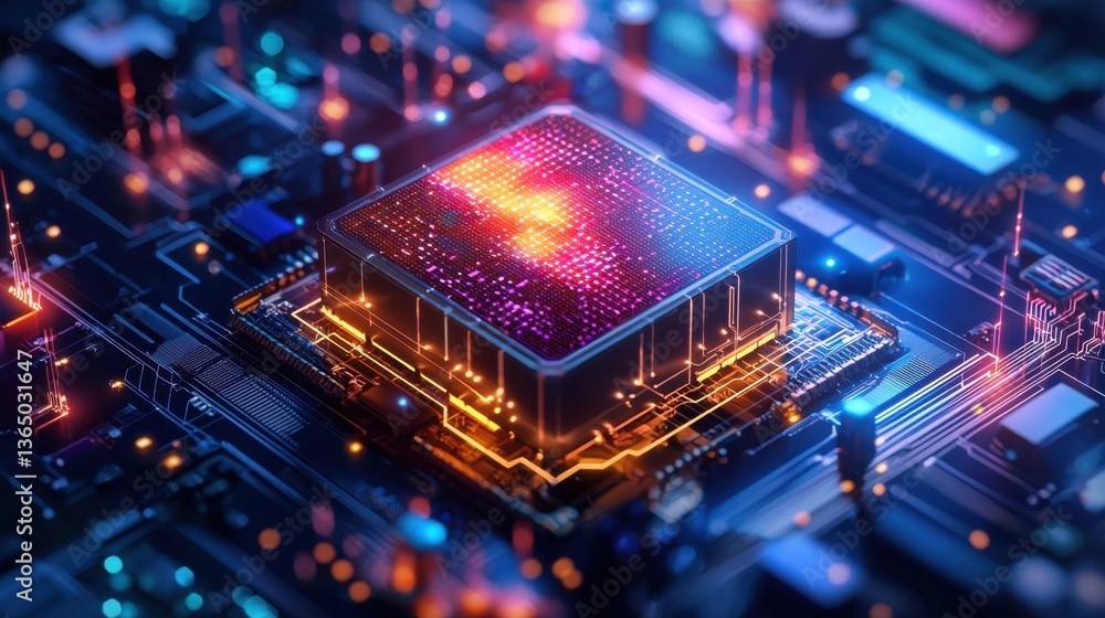 Poster closeup view of a vibrant futuristic electronic circuit board with a luminous high tech microchip at