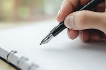 Close Up of Hand Holding Pen Above Blank Notebook with Grid Paper