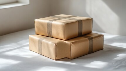 Stacking three closed cardboard boxes of varying sizes on white with diagonal shadows creates a minimalist aesthetic.