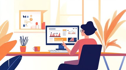 A professional setting with a person discussing digital marketing strategies on a video call with a team. 